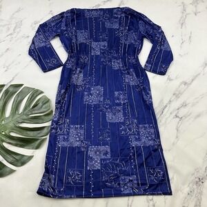 Womens Vintage 70s Midi Dress Size L Blue White Block Floral Boat Neck Sheath